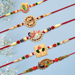 (K5_Nc4_Bs32) Multicolor Bracelet/ Rakhi With Chocolate Butter Scotch, Silver Color Pooja Coin, Roli Chawal & Greeting Card| Handmade Rakhi |Stylish Set Of 5 Rakhi |