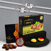Rakhi combo Gift For Brother with Choco coated almond | Silver color Fancy Rakhi | Rakhi Gift for Brother/Sister | Rakhi Chocolate Gift | Rakhi Set Of 2| With Greeting Card,Roli-Chaval,Coin(K2_A7+A8_CA32)