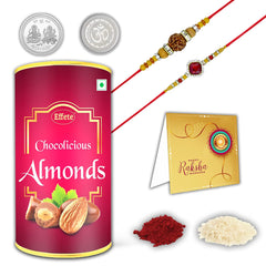 Rakshabandhan Multicolor Silver Plated Rakhi (K2_48+49_P32) 2 Rakhi Combo - 48+49 with Chocofarm Choco Peanuts 32gm, Roli chawal, Pooja Coin & Greeting