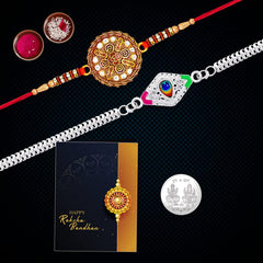 Maitri Festival of Raksabandhan | Rakhi for Men with Roli Chawal Tilak, Greeting Card, and Laxmi Ganesh Silver Pooja Coin | Designer Rakhi Combo | Rakhi 2 pcs | K2_603+A65
