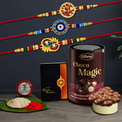 Rakhi (K3_272+273+275_EM) & Chocolate Magic | Rakhi Combo with card and chocolate | chocolates gift | Rakhi & Chocolate for brother | rakhi with gift | Set of 3 Rakhi