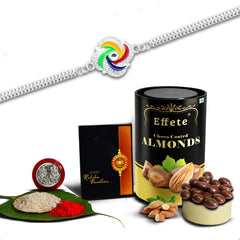Rakshbandhan Special Silver Color Rakhi with Chocolate, Roli Chawal, Pooja Coin and Greeting Card Combo