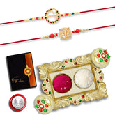Rakhi Combo (K2_560+908_AA1) with Pooja Coin, Gold Color Pooja Thali / Tilak Set & Greeting Card, rakhi thali | rakhi for brother and bhabhi | Rakhi with plate | Rakhi for kids | rakhi for brother and bhabhi | handmade rakh | rakhi for brother kids