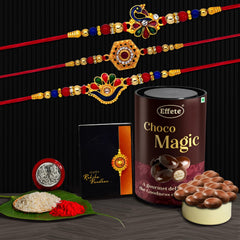 Rakhi (K3_313+314+315_EM) & Chocolate Magic, Rakhi & Chocolate for brother, Rakhi with chocolate, rakhi with gift, Rakhi Combo, Set of 3 Rakhi, Chocolate