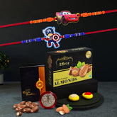 (K2_870+871_CA32) Rakhi Combo with Chocolate Almonds 32gm, Pooja Coin & Greeting Card, rakhi for kids, rakhi for kids with gift, rakhi gift for brother kids, rakhi with gift for kids, rakhi for brother kids, rakhi with Chocolate Gift Hemper,
