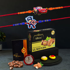 (K2_870+871_CA32) Rakhi Combo with Chocolate Almonds 32gm, Pooja Coin & Greeting Card, rakhi for kids, rakhi for kids with gift, rakhi gift for brother kids, rakhi with gift for kids, rakhi for brother kids, rakhi with Chocolate Gift Hemper,