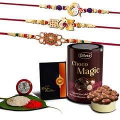 Rakhi (K3_410+411+412_EM) & Chocolate Magic, Rakhi Combo with card and chocolate, chocolates gift pack, Rakhi & Chocolate for brother, rakhi with gift, Set of 3 Rakhi
