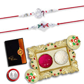 Rakhi Combo with (K2_A13+A42_AA1) with Pooja Coin, Gold Color Pooja Thali / Tilak Set & Greeting Card Rakhi with plate | rakhi thali set | rakhi in silver | rakhi hamper | handmade rakhi | rakhi for brother kids | rakhi for brother and bhabhi | rak