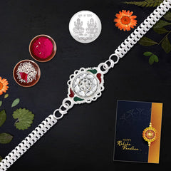 Unisex Adult Rakhi (K1_A1) Pooja Coin, Tilak Set & Rakhi Card, Silver Rakhi For Brother, Bhaiya Bhabhi Rakhi Set, Chandi Ki Rakhi, Lumba Rakhi For Bhabhi, Bhai Bhabhi Rakhi Set