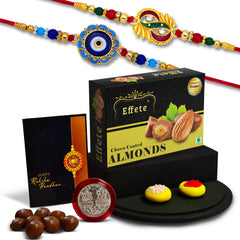 Rakhi (K2_273+275_CA32) & Chocolate Almonds 32gm, Rakhi for brother with gift, Rakhi with chocolate, rakhi combo for brother, Set of 2 Rakhi, Chocolate