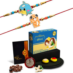 Multicolor Rakhi (K2_105+106_Bs32) & Chocolate Butter Scotch 32Gm Silver Color Pooja Coin, Roli Chawal & Greeting Card, Occasion, Rakhi Combo Card And Chocolate, Set Of 2 Rakhi