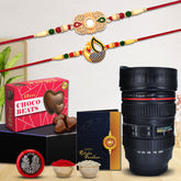 Design Rakhi for Brother | Peacock Rakhi for Brother | Rakhi Combo Chocolate Beats 32gm & Camera Lens Coffee Mug with Pooja Coin & Greeting Card (K2_277+282_M720+CB32)