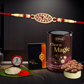 Rakhi combo Gift For Brother with center filled chocolate | Golden color om Rakhi | New Rakhi | Rakhi Gift Pack for Sister | Rakhi Set Of 1| With Greeting Card,Roli-Chaval,Coin(K1_510_CD)