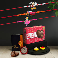 Rakhi Combo (K3_871+872+873_CB32) & Chocolate Beats 32gm with Pooja Coin & Greeting Card, rakhi for kids boy, kids rakhi with gift, rakhi with gift for kids, Rakhi with chocolate, rakhi for kids, rakhi for brother kids, rakhi set of 3