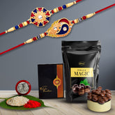 Rakhi For Brother Set Of 2 Multicolor Rakhi with Choco Magic, Silver Color Pooja Coin & Greeting Card