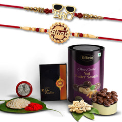 Rakshbandhan Special Silver Plated Fancy Rakhi Combo Set of 2 with Chocolate Almonds 96 g, Roli Chawal, Pooja Coin and Greeting Card
