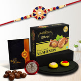 (K1_536_Ca32) Multicolor Hearts Diamond Colorful Beads Rakhi With Chocolate Almonds 32Gm, Silver Color Pooja Coin, Roli Chawal & Greeting Card, Bracelets For Men, Set Of 1 Rakhi |