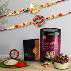 Rakhi (K2_414+415_AS) & Assorted Chocolate Dryfruits 96gm, Rakhi Combo with card and chocolate, chocolates gift pack, Rakhi & Chocolate for brother, rakhi with gift, Set of 2 Rakhi