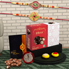 Rakhi Combo (K2_282+293_DS+EM32) Chocolate Magic 32gm & Pooja Thali, with Pooja Coin & Greeting Card, Rakhi thali, Rakhi with plate, rakhi thali set, rakhi for brother with chocolate, rakhi with gift, rakhi with chocolate, rakhi for brother