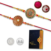 Multicolor Rakhi Combo with (K2_601+604) with Silver Color Pooja Coin, Tilak Set & Greeting Card | Rakhi for brother | bracelets for men stylish | rakhi in silver | handmade rakhi |rakhi combo for brother | Fancy Rakhi for brother | Men bracelet |