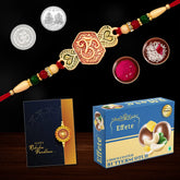 Multicolor Simple heart rakhi / Bracelet (K1_528_BS32) & Chocolate Butter Scotch 32gm with Silver Color Pooja Coin, Roli Chawal & Greeting Card | Occasion | Rakhi for brother with gift | handmade rakhi |rakhi combo for brother | stylish rakh