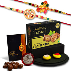 Rakhi (K2_508+511_CA32) & Chocolate Almonds 32gm, Rakhi & Chocolate for brother, Rakhi with chocolate, rakhi with gift, Rakhi Combo, Set of 2 Rakhi, Chocolate