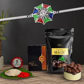 Multicolor Bracelet/ Rakhi (K1_A22_SP) & Chocolate Magic 32gm with Silver Color Pooja Coin, Roli Chawal & Greeting Card | Occasion | Rakhi for brother with gift | handmade rakhi |rakhi combo for brother | stylish rakhi for brother | Set of 1