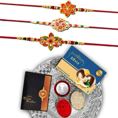 Rakhi Combo (K3_522+526+528_DS+BS32) Chocolate Butter Scotch 32gm & Silver Pooja Thali, with Pooja Coin & Greeting Card, Rakhi thali, Rakhi gift set, Rakhi with plate, rakhi thali set, rakhi hamper for brother, rakhi with chocolate, rakhi fo