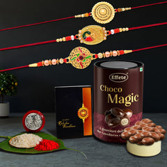 (K3_362+401+402_EM) Rakhi Combo with Chocolate Magic, Rakhi & Chocolate for brother, Fancy Rakhis for men stylish, rakhi with gift, Rakhi Combo, Set of 3, Chocolate