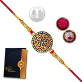 Multicolor Simley faced Rakhi / Bracelet (K1_306) with Silver Color Pooja Coin, Tilak Set & Greeting Card | chandi ki rakhis | Rakhi for brother with gift kids | online Rakhi combo | Rakhi Set for brother | bracelet for brother | silver rakhi | rak