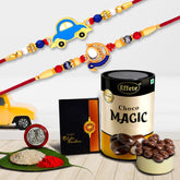 Multicolor Rakhi Combo with Chocolate Magic , Silver Color Pooja Coin, Roli Chawal & Greeting Card, Occasion, Rakhi & Chocolate for brother, Rakhi with chocolate, rakhi with gift, Rakhi Combo, Set of 2 Rakhi, Rakhi Chocolate Gift combo (K2_3