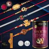 Multicolor Peacock, Ganesha, Om, Beads Gold | Silver Color Rakhis / Bracelet (K5_NC18_AS) & Assorted Chocolate Dry fruits 96gm with Silver Color Pooja Coin, Roli Chawal & Greeting Card | Occasion | Rakhi for brother with gift | handmade rakh