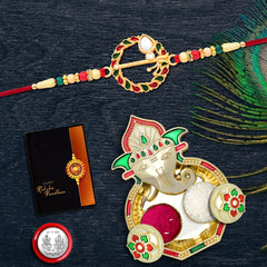 Rakhi Combo with (K1_560_AA3) with Pooja Coin, Shri Ganesh Pooja Thali / Tilak Set & Greeting Card Rakhi with plate | rakhi thali set | rakhi in silver | rakhi hamper | handmade rakhi | rakhi for brother kids | rakhi for brother and bhabhi | rakhi