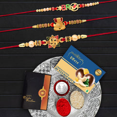 Rakhi Combo (K3_3+10+12_DS+BS32) Chocolate Butter Scotch 32gm & Silver Pooja Thali with Pooja Coin & Greeting Card, Rakhi gift set, Rakhi thali, rakhi thali set, Rakhi with plate, rakhi hamper for brother, rakhi with gift, rakhi for brother