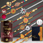 Multicolor Bracelet/ Rakhi (K10_MC9_CD) & Chocolate Combo with Silver Color Pooja Coin, Roli Chawal & Greeting Card | Occasion | Rakhi for brother with gift | Rakhi with chocolate |rakhi combo for brother | Set of 10 Rakhi | Rakhi Chocolate