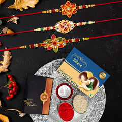 Rakhi Combo (K3_522+526+528_DS+BS32) Chocolate Butter Scotch 32gm & Silver Pooja Thali, with Pooja Coin & Greeting Card, Rakhi thali, Rakhi gift set, Rakhi with plate, rakhi thali set, rakhi hamper for brother, rakhi with chocolate, rakhi fo