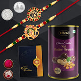 Multicolor Peacock & Lord Ganesha Matra Colorful Beads Rakhis / Bracelet (K2_543+544_BS) & Chocolate Butter Scotch 96gm with Silver Color Pooja Coin, Roli Chawal & Greeting Card, Occasion, Rakhi for brother with gift, Rakhi with chocolate, r