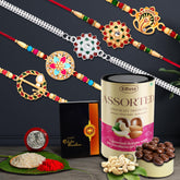 Multicolor Ganesha, Dancing Peacock, Beads Gold | Om Silver Color Rakhis / Bracelet & Chocolate Emperor (CRM) with Silver Color Pooja Coin, Roli Chawal & Greeting Card | Occasion | Rakhi for brother with gift | handmade rakhi |rakhi combo fo
