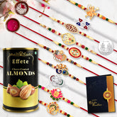 Multicolor Bracelet/ Rakhi (K10_MC2_CA) & Chocolate Almonds with Silver Color Pooja Coin, Roli Chawal & Greeting Card | Occasion | Rakhi for brother with gift | handmade rakhi |rakhi combo for brother | stylish rakhi for brother | Set of 10