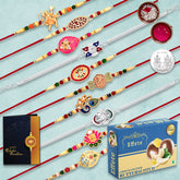 Rakhi for Brother Set of 10 with Silver Color Pooja Coin, Multicolor Hanuman, Ganpati, OM Gold Rakhi (K10_MC2_BS32)