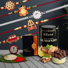 Rakhi (K5_NC69_CA) & Chocolate Almonds 96gm, Rakhi for brother with gift, Rakhi with chocolate, rakhi combo for brother, Set of 5 Rakhi, Chocolate