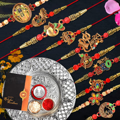 Rakhi For Brother Set Of 10 With Dish, Silver Coin & Greeting Card, Rakhi For Bhai, Bhabhi & Kids With Gift For Brother, Rakhi set for brother (K10_MC56_DS)