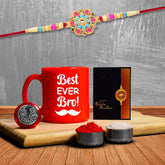 Rakhi Combo (K1_559_RTM) Plastic, Unbrekable Tea / Milk / Coffee Mug (Red Best Ever Bro Mug) with Pooja Coin & Greeting Card, rakhi set, rakhi mug, rakhi for brother with mug, rakhi mug for brother, rakhi for brother with coffee mug, rakhi with mug