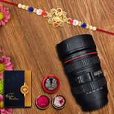 Mens (K1_6_M720) Multicolor Om Diamonds Beads Gold Color Rakhi Combo With Camera Lens Coffee Mug, Silver Color Pooja Coin & Greeting Card | New Rakhi Collection | Set Of 1 |
