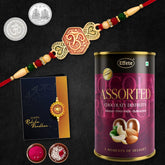 Multicolor Simple heart rakhi / Bracelet (K1_528_AS) & Assorted Chocolate Dry fruits 96gm with Silver Color Pooja Coin, Roli Chawal & Greeting Card, Occasion, Rakhi for brother with gift, Rakhi with chocolate, rakhi combo for brother, Set of