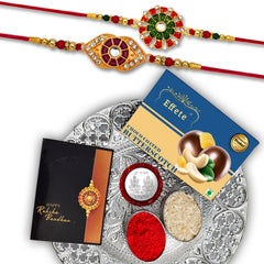 Premium Design Rakhi for Brother | Royal Floral Design Rakhi | Rakhi with Chocolate Butter Scotch 32gm (K2_553+554_DS+BS32)