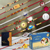 Peacock Feather Rakhi | Mor Pankh Rakhi For Brother | Hathi Rakhi | Sun Rakhi | Peacock Rakhi | Chocolate with Rakhi | Set of 10 Rakhi (K10_MC10_BS32)