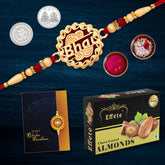 Multicolor BHAI coded rakhi / Bracelet (K1_527_CA32) & Chocolate Almonds 32gm with Silver Color Pooja Coin, Roli Chawal & Greeting Card, Occasion, Rakhi for brother with gift, Rakhi with chocolate, rakhi combo for brother, Set of 1 Rakhi, Ra