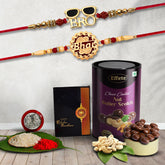 Rakshbandhan Special Silver Plated Fancy Rakhi Combo Set of 2 with Chocolate Almonds 96 g, Roli Chawal, Pooja Coin and Greeting Card