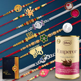 Multicolor Bro, Coolest Bro, hanumanji, Flower Diamonds Beads Gold | Paacock & Ganpati Silver Color Rakhis / Bracelet & Chocolate Emperor (CRM), with Silver Color Pooja Coin, Roli Chawal & Greeting Card, Occasion, Rakhi & Chocolate for broth